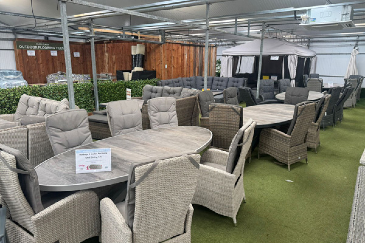 Rattan garden furniture sets on display in the Sapcote showroom