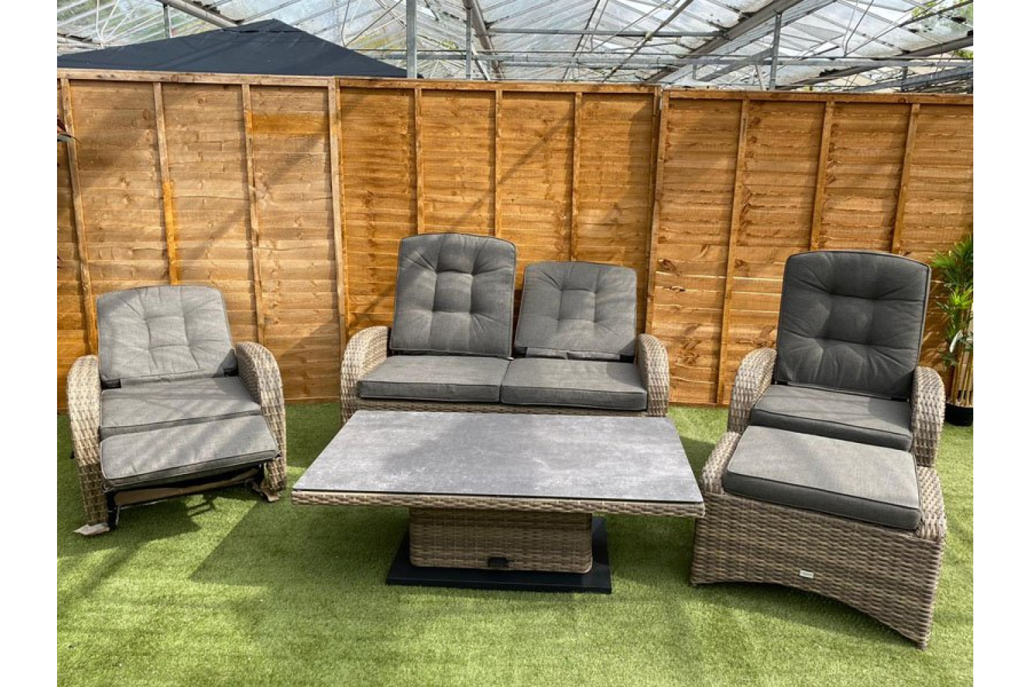 Burbage Reclining Rattan Sofa Set + Adjustable Table in Cappuccino