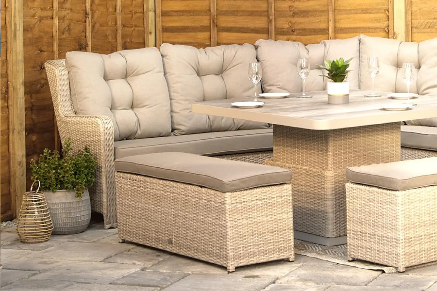 Burbage Large Rattan Corner Lounge Set with Height Adjustable Table in Latte  - photo 3