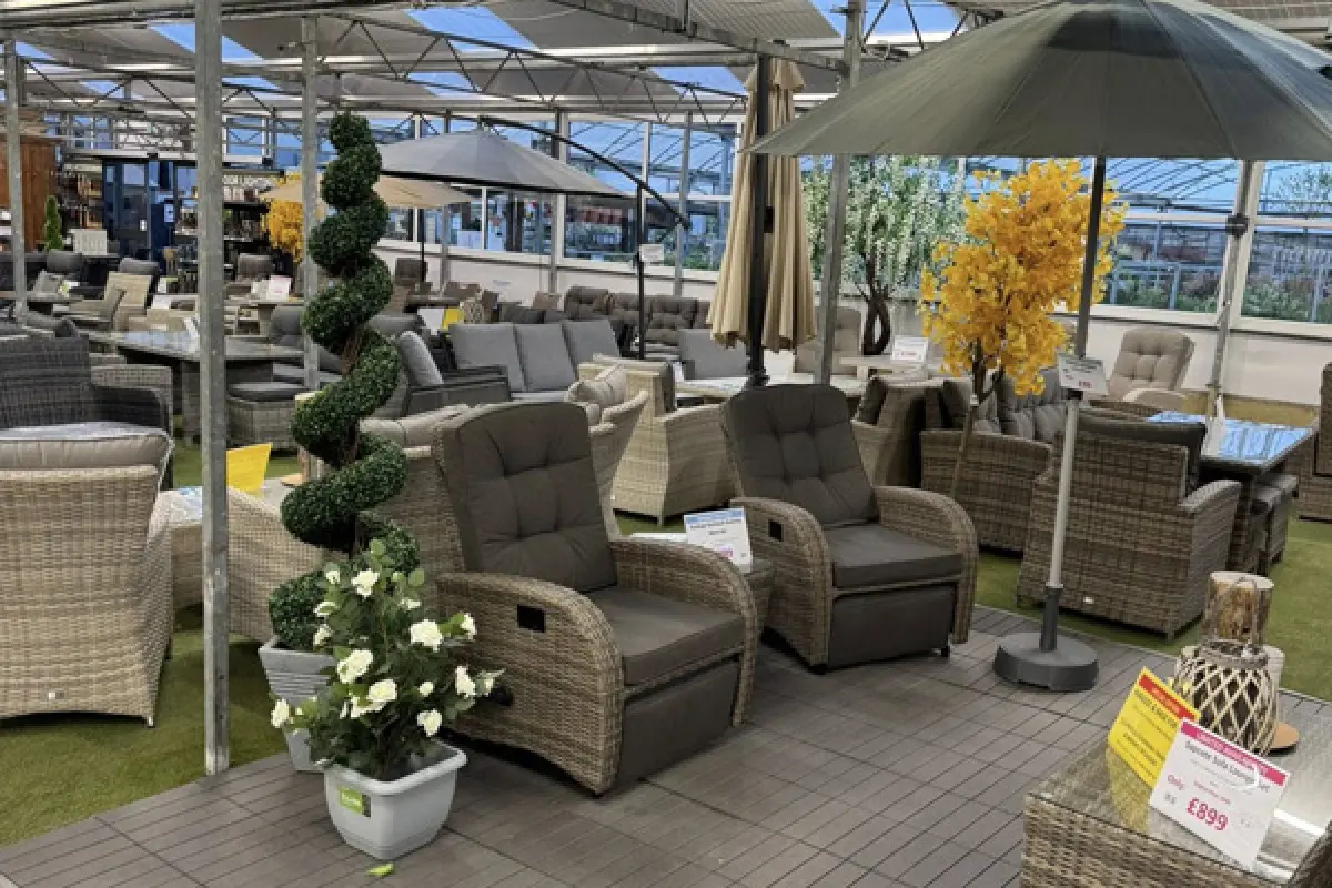 Garden furniture display hall at Sapcote Garden Centre in Leicestershire