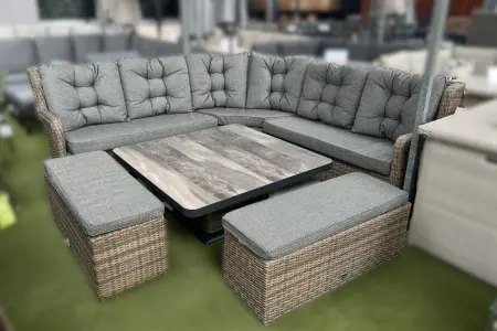 Burbage Large Rattan Corner Lounge Set with Height Adjustable Table in Cappuccino