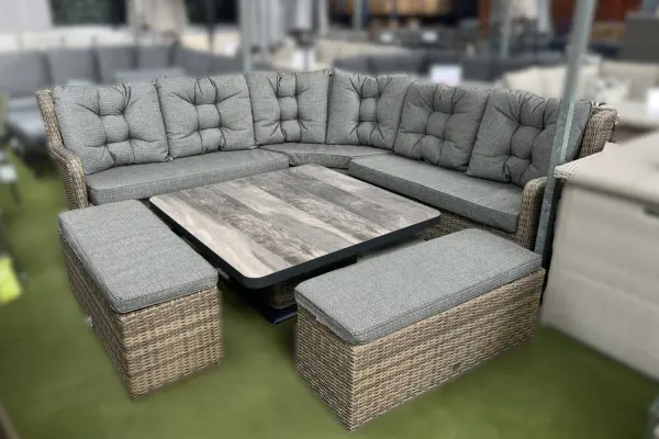 Burbage Large Rattan Corner Lounge Set with Height Adjustable Table in Cappuccino