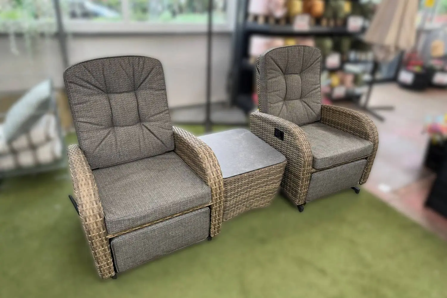 Garden furniture on the showroom floor at Sapcote Garden Centre