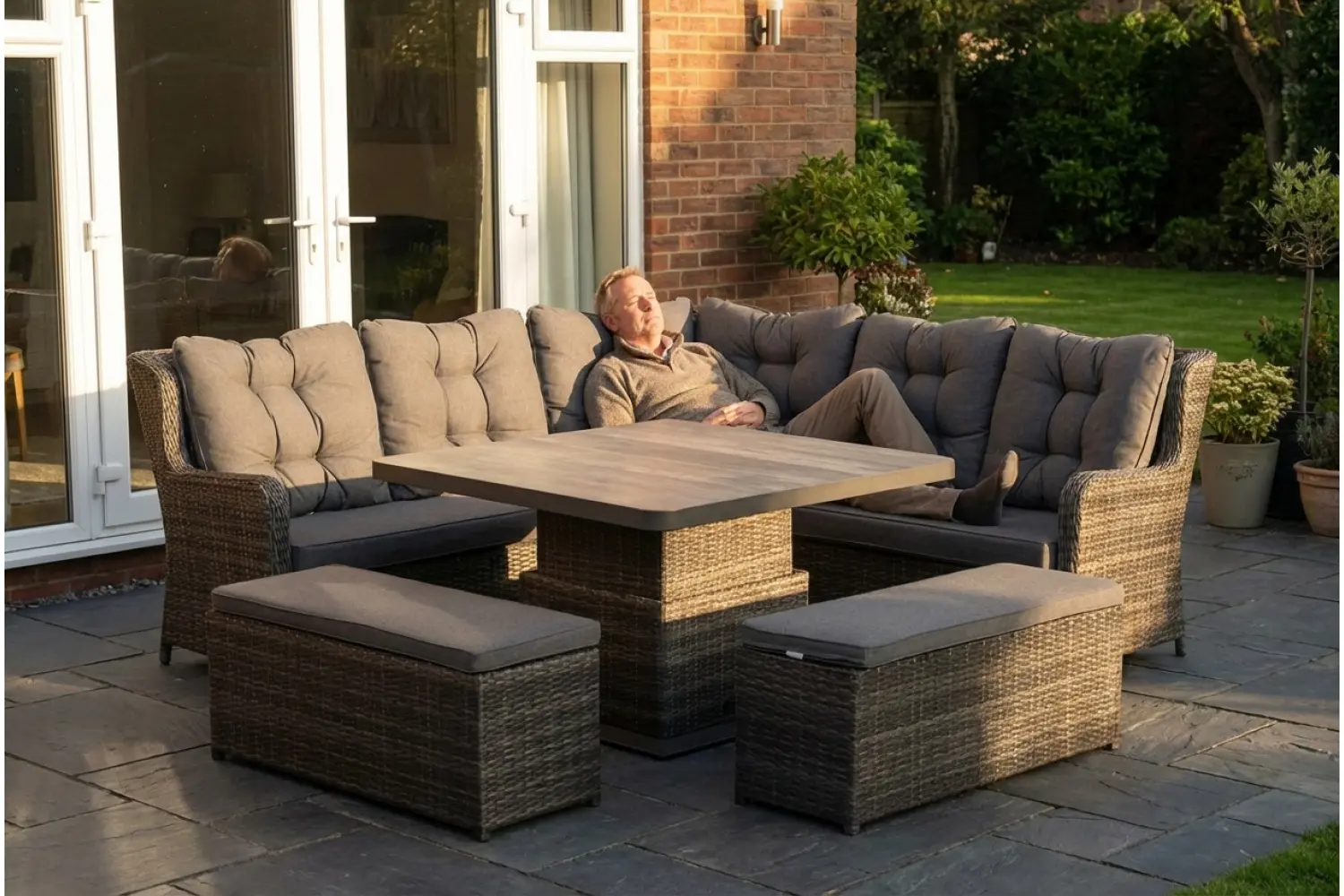 Burbage Large Rattan Corner Lounge Set with Height Adjustable Table in Stone Grey - photo 4
