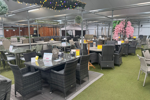 Garden furniture displays inside Sapcote Garden Centre